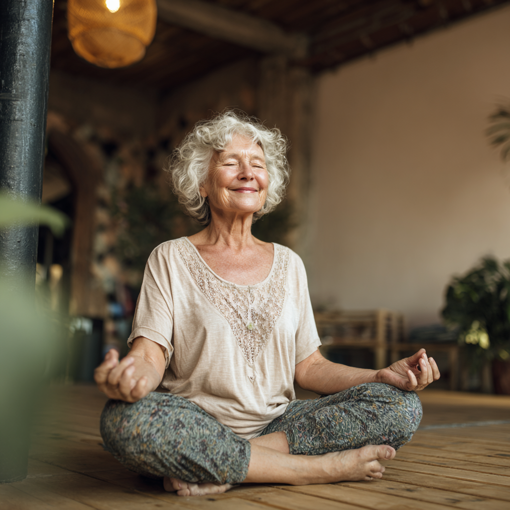 Smiling elderly European woman practicing yoga in peaceful setting