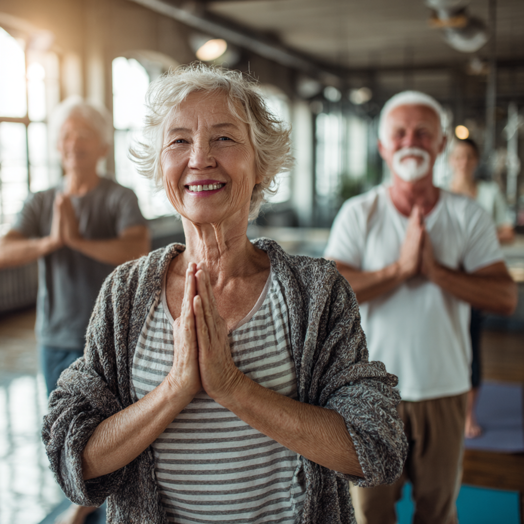 Elderly European man demonstrating yoga flexibility and balance