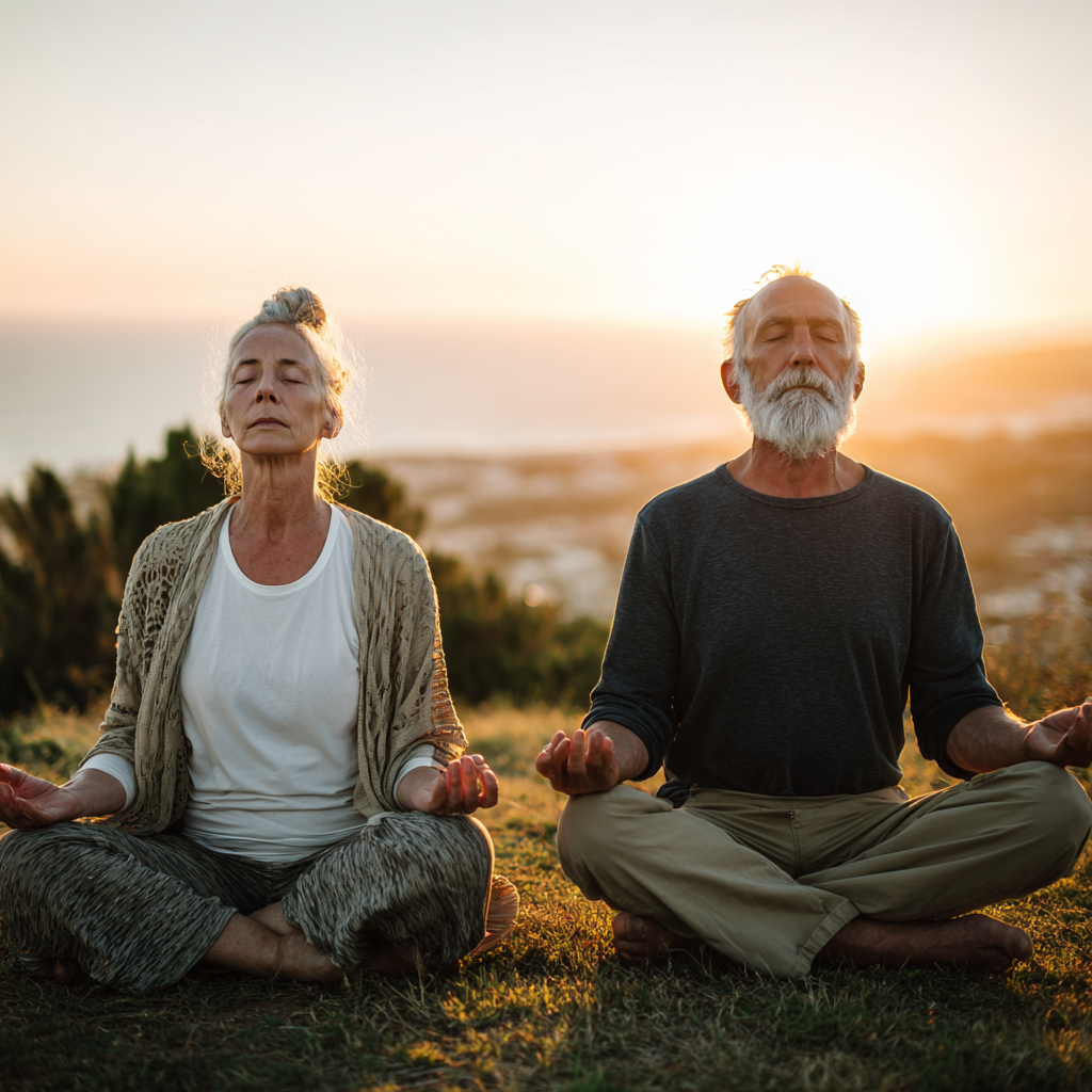 Group of smiling elderly European people practicing yoga balance poses